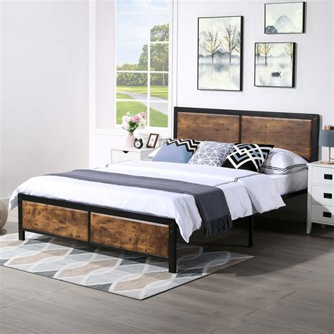 VECELO Platform Bed Frame Queen Size with Rustic Vintage 